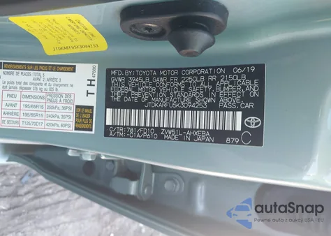 2019 Toyota Prius Le from USA, damaged, VIN JTDKARFU5K3094253